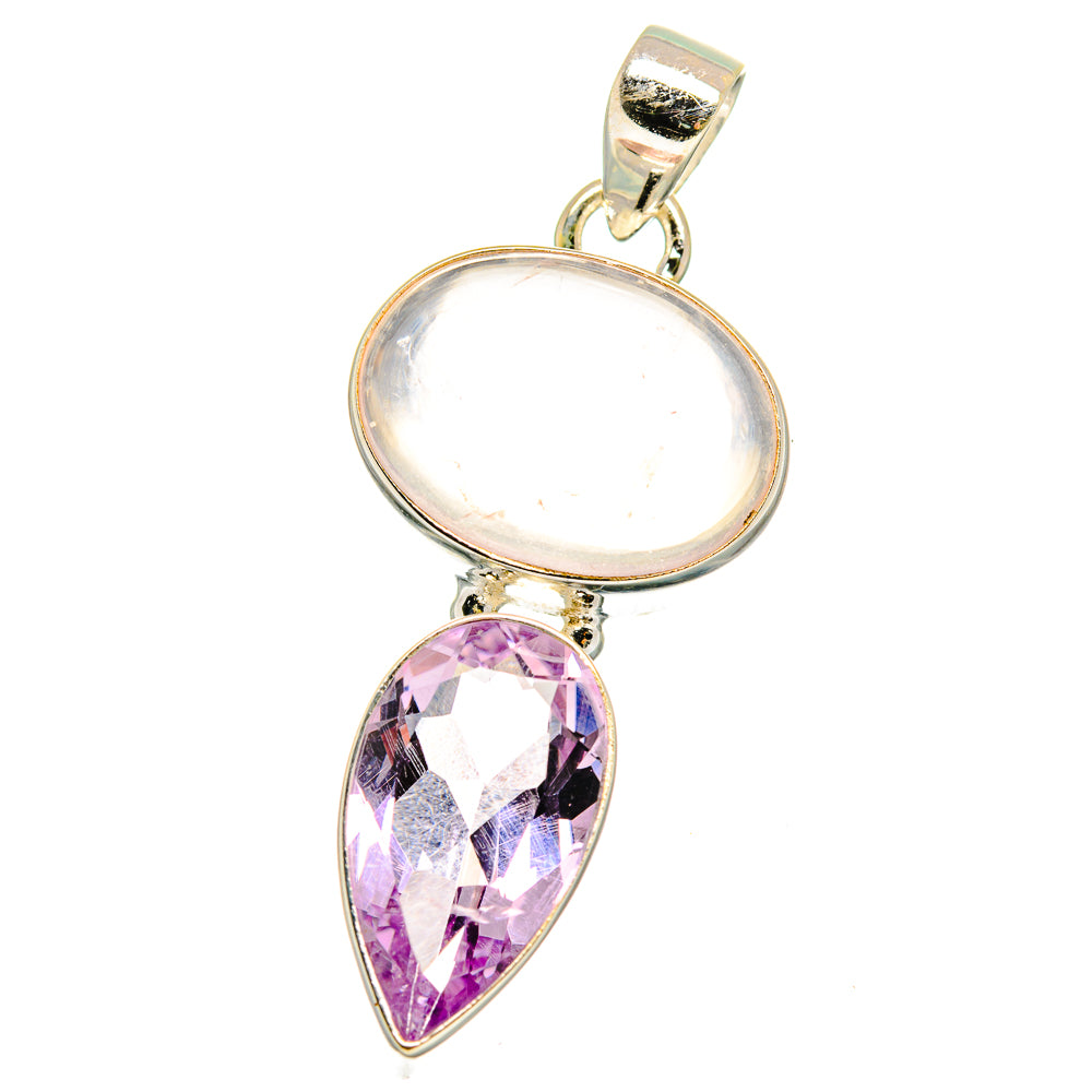 Two-stone teardrop pendant with rose quartz and amethyst in sterling silver setting