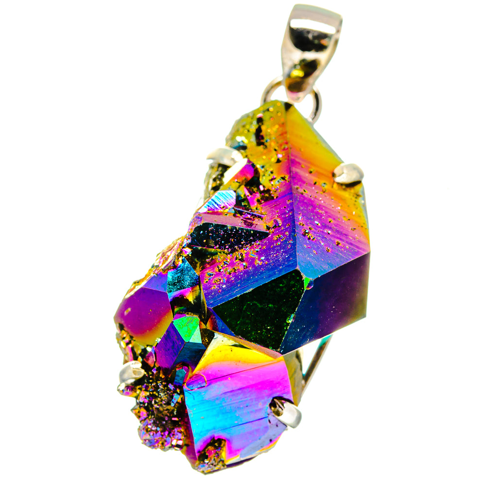 Rainbow druzy gemstone pendant in 925 sterling silver bail, full pendant view