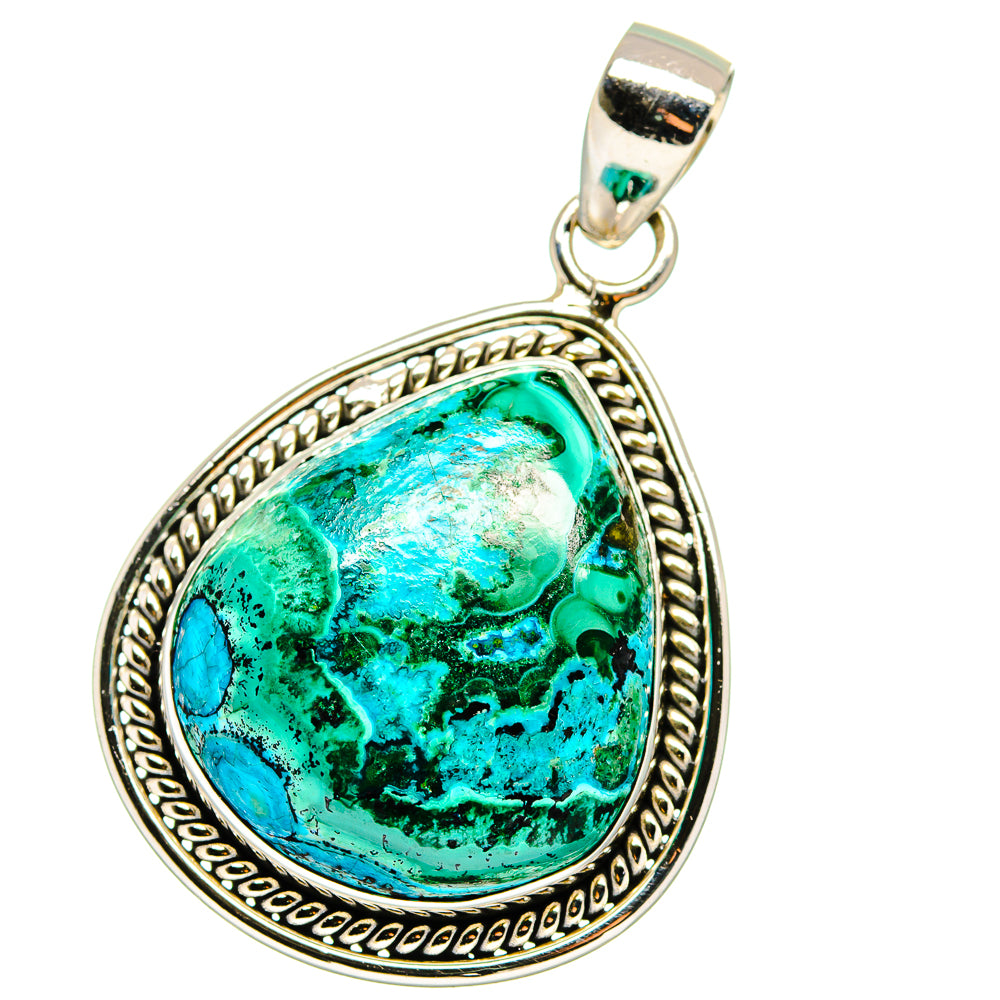 Sterling silver chrysocolla teardrop pendant, turquoise green cabochon with loop bail
