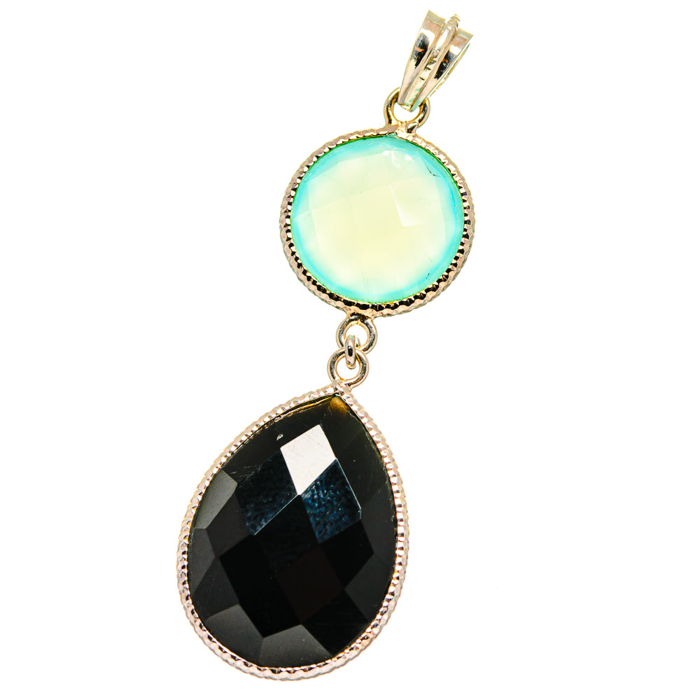 Sterling silver double-drop pendant, aqua round stone above black onyx teardrop