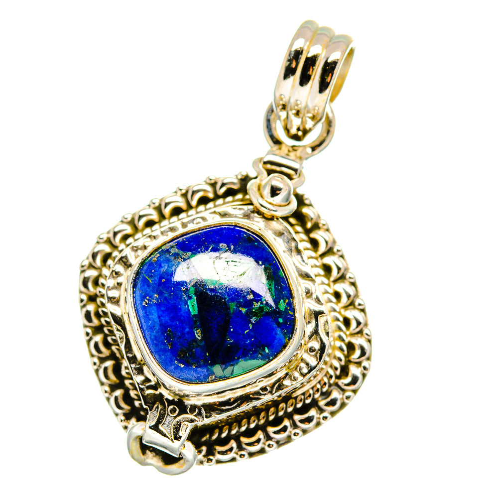 Blue oval azurite pendant with gold-tone bail and filigree frame, 925 sterling silver