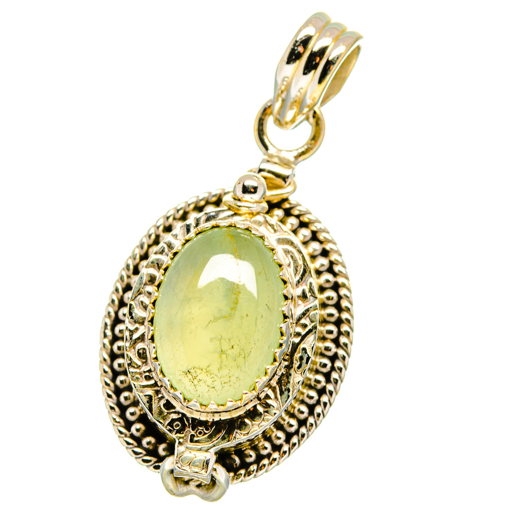Sterling silver prehnite oval pendant with ornate beaded frame and clasp bail