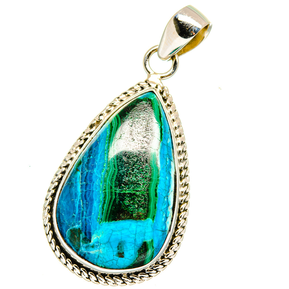 Teardrop pendant in 925 silver, blue-green stone with rope border