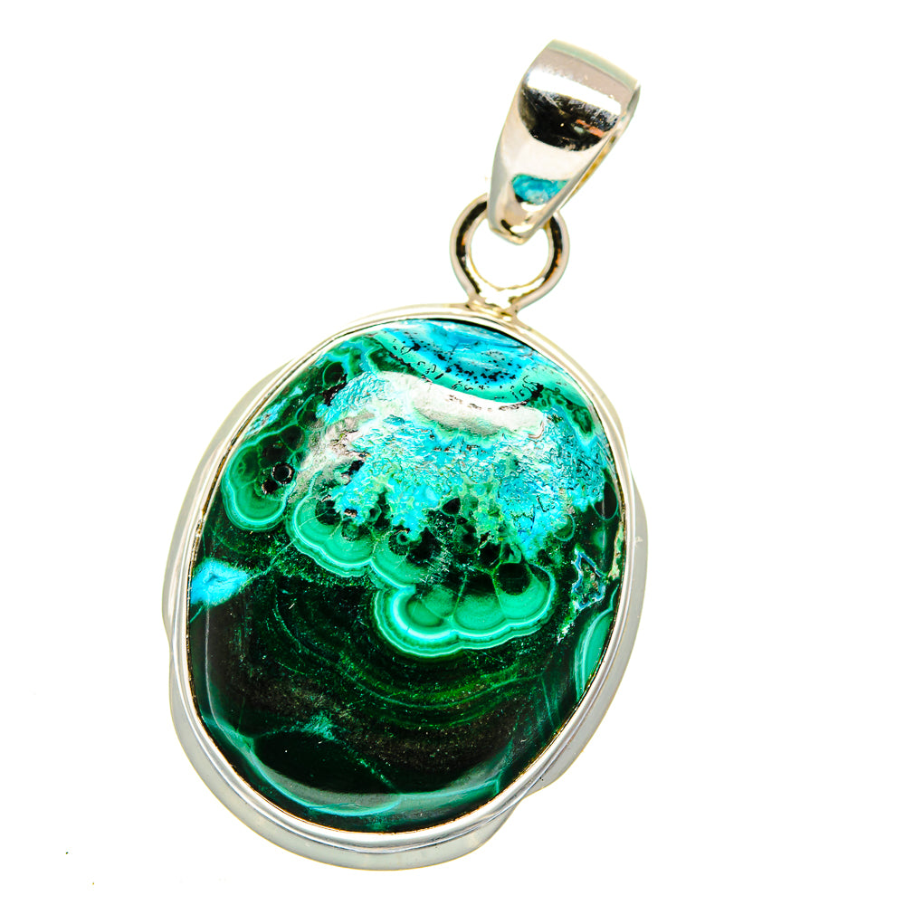 Sterling silver oval malachite and chrysocolla pendant, green cabochon with bail loop
