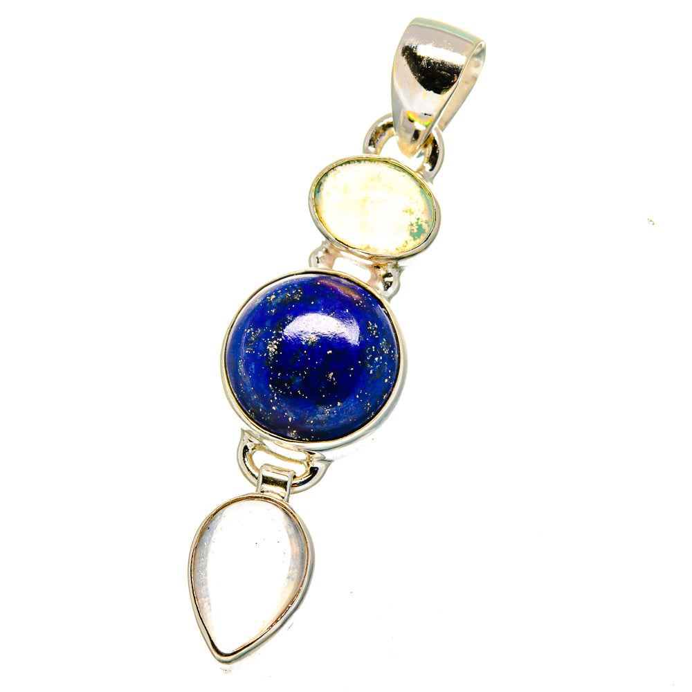 Sterling silver pendant with iridescent opal, blue lapis, and light pink stone