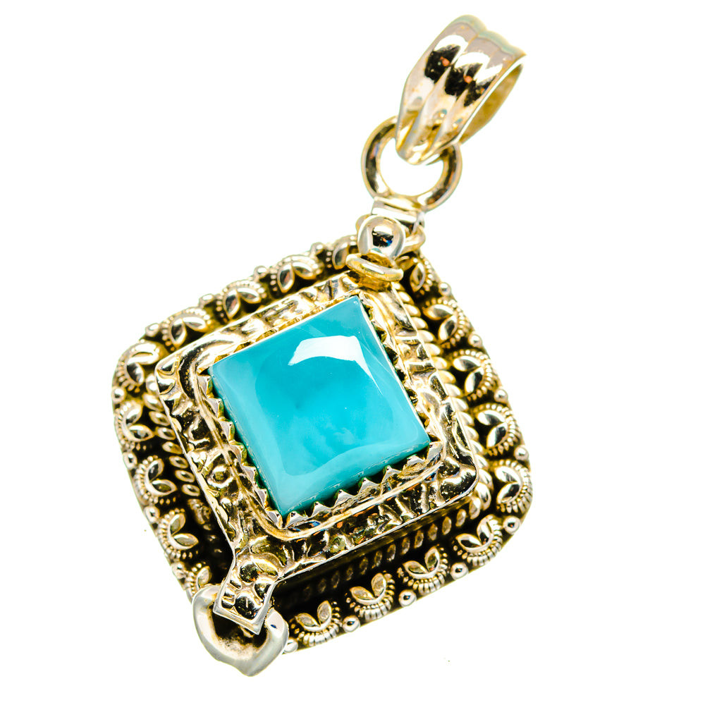 Square larimar pendant in 925 sterling silver, ornate frame with blue gemstone