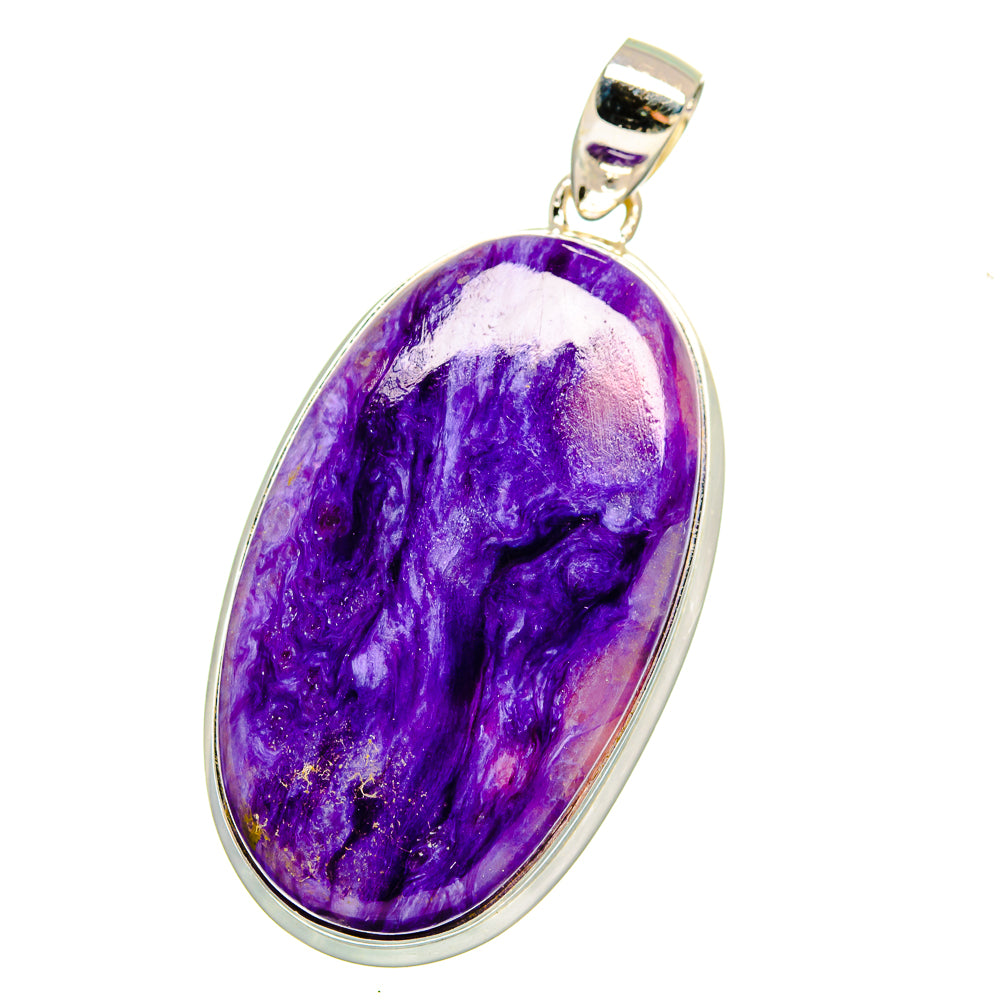 Oval purple charoite cabochon pendant, polished 925 sterling silver bezel