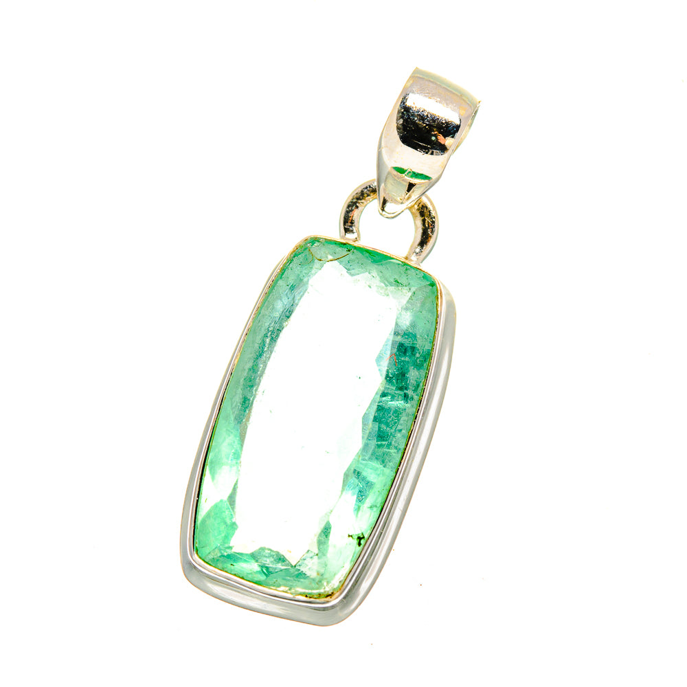 Green fluorite pendant with silver bezel and loop bail, rectangular faceted stone