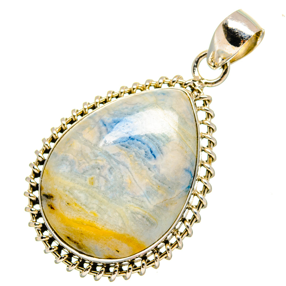Blue scheelite teardrop pendant in 925 sterling silver bezel and textured rope frame