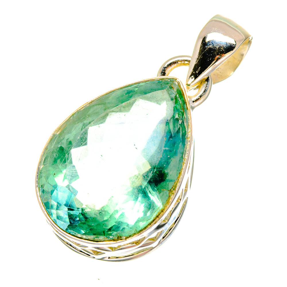 Green fluorite teardrop pendant, 925 sterling silver prong and openwork bail