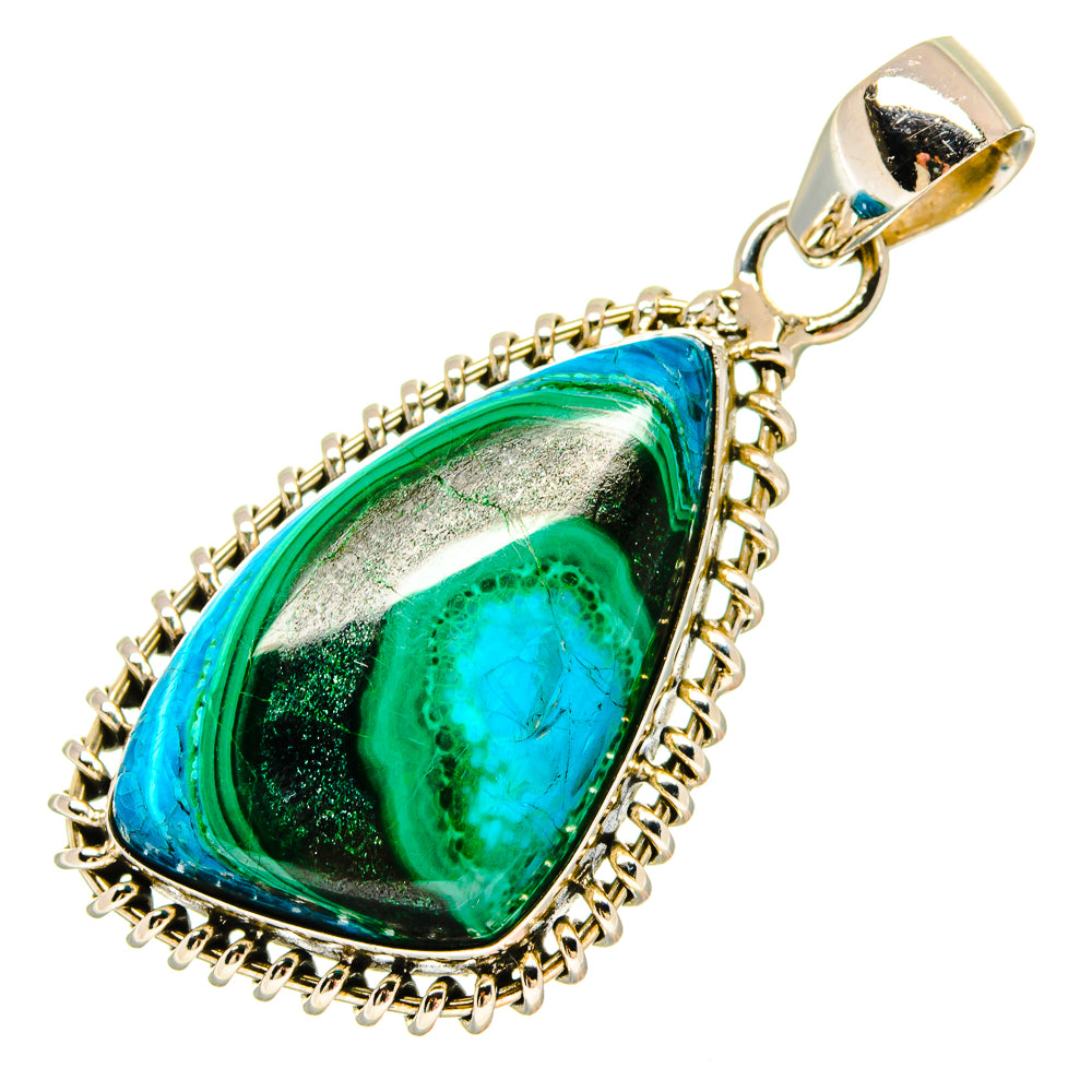 Teardrop green-blue gemstone pendant with silver prong-edge setting and hanging bail