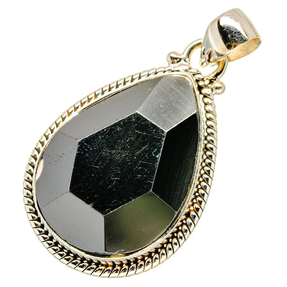 Hematite teardrop pendant, 925 sterling silver setting with textured rim and bail