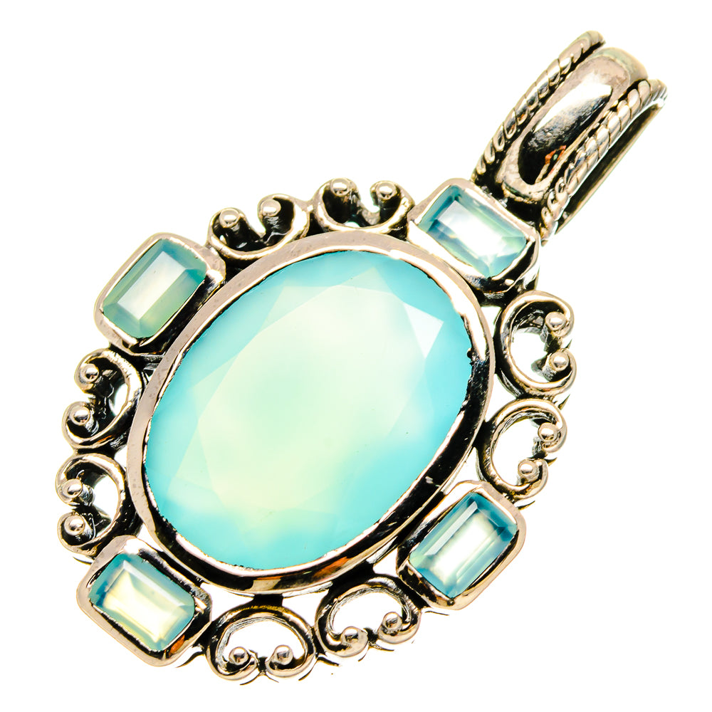 Oval aqua chalcedony pendant, 925 sterling silver with blue-green side stones and bail.