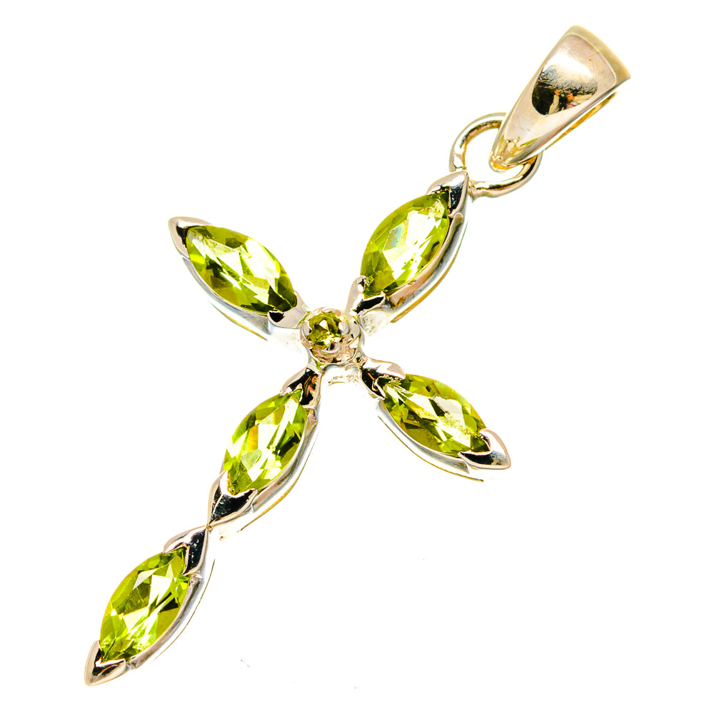 Cross pendant with five marquise peridot-green gemstones, metal prongs and bail