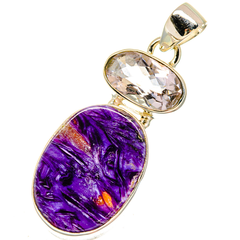 Sterling silver pendant with oval clear kunzite and purple charoite cabochon, bail top