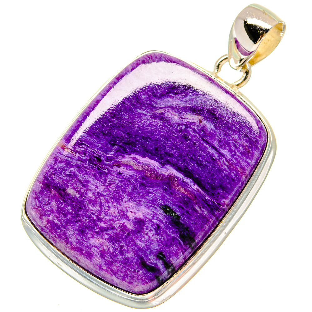 Purple charoite rectangle pendant in 925 sterling silver bezel with round bail