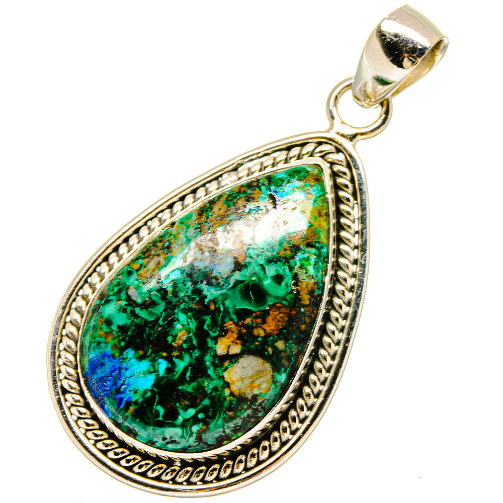 Teardrop malachite-and-chrysocolla pendant with 925 sterling silver bail and border
