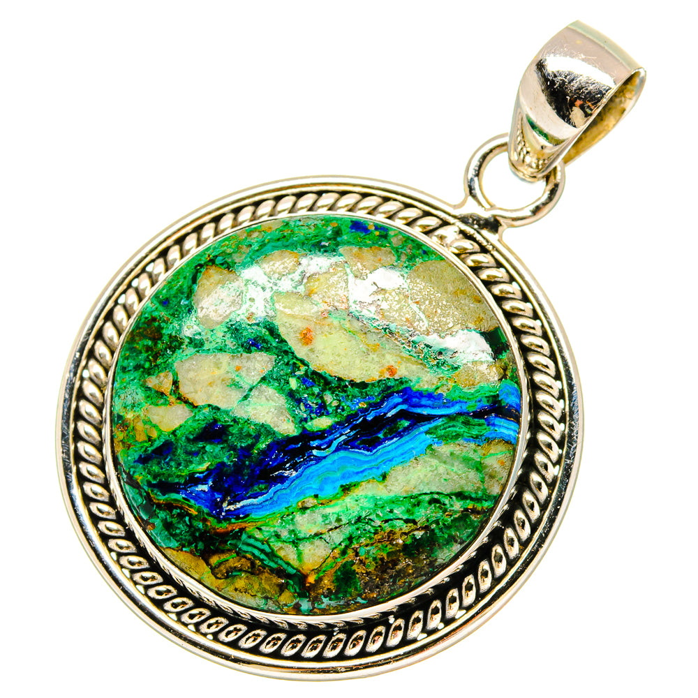 Round 925 sterling silver pendant with green-blue-gold cabochon and ornate rope frame