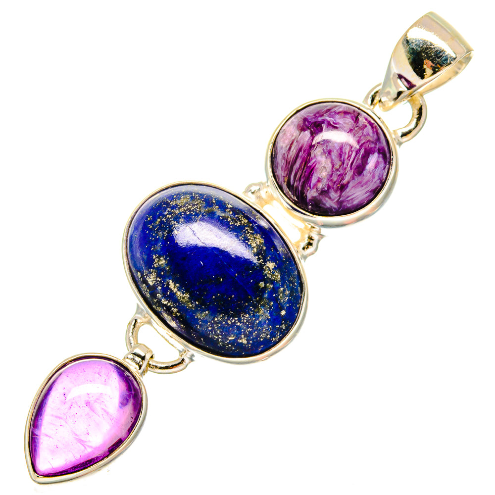 Triple oval gemstone pendant with blue lapis lazuli and purple stone cabochons, silver bail