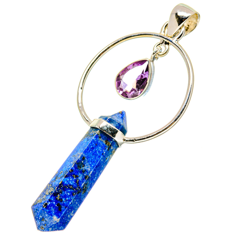 Sterling silver pendant with blue lapis point and purple amethyst teardrop in ring