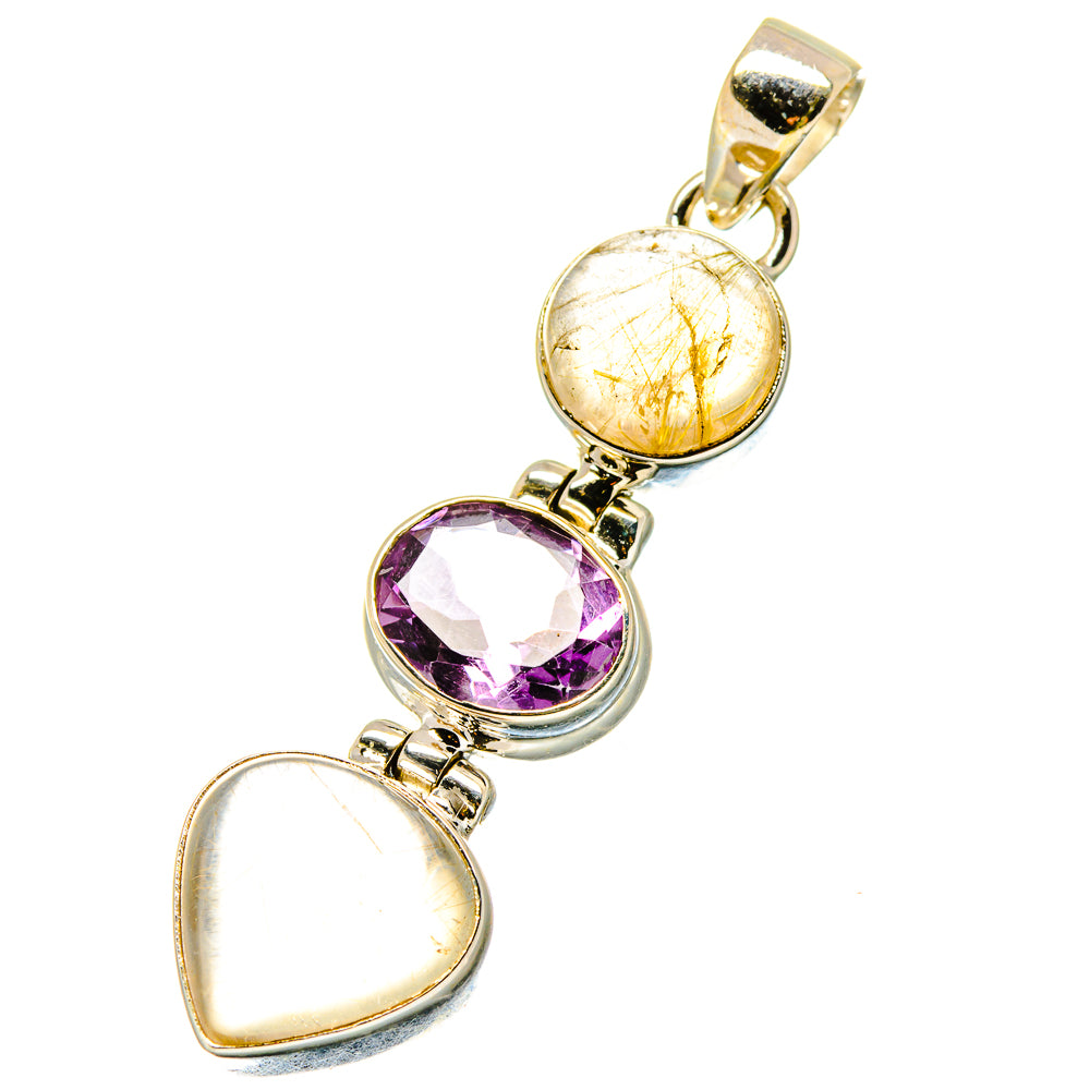 Three-stone charm pendant with amethyst and rutilated quartz in 925 sterling silver