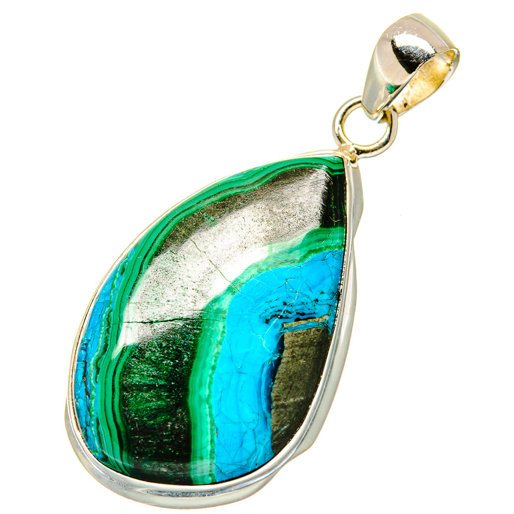 Sterling silver teardrop pendant with glossy green and blue banded stone, loop bail