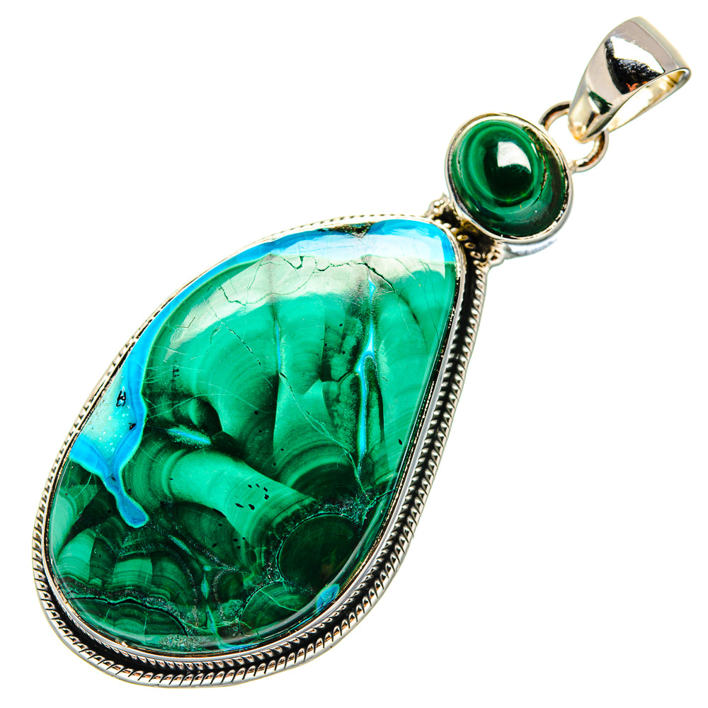 925 sterling silver malachite chrysocolla pendant, green teardrop stone with blue veins and bail