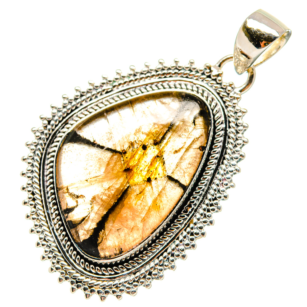 925 sterling silver oval chiastolite pendant with ornate beaded bezel and bail