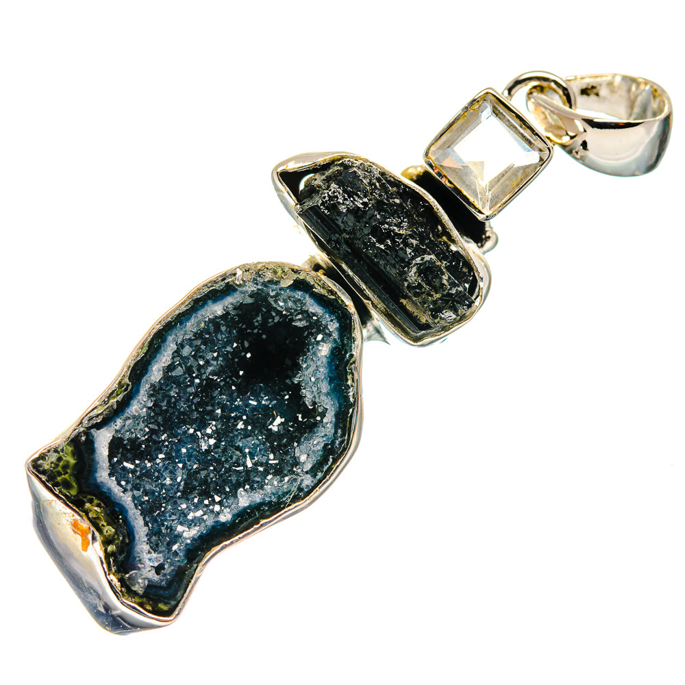 Sterling silver pendant with dark druzy geode and clear square quartz accent