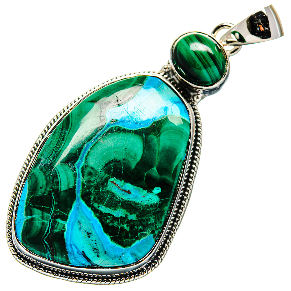 Malachite and chrysocolla teardrop pendant in 925 sterling silver, green-blue cabochon