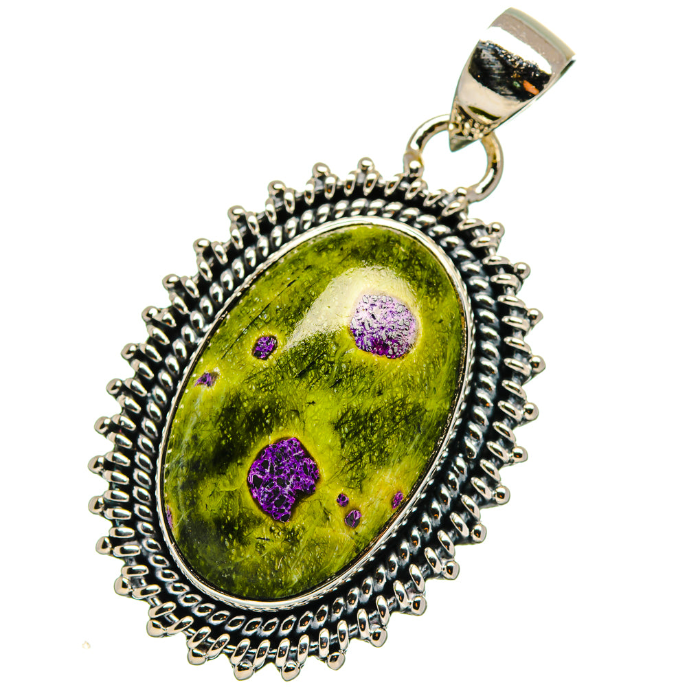 925 sterling silver Atlantisite pendant, green oval stone with purple speckles and bail
