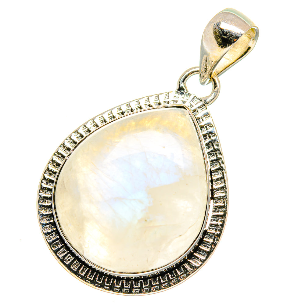 925 sterling silver moonstone teardrop pendant with textured border and rainbow luster