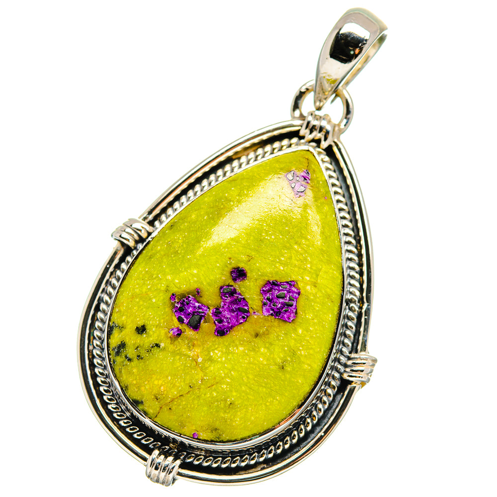 Sterling silver teardrop pendant with yellow druzy cabochon and purple accents