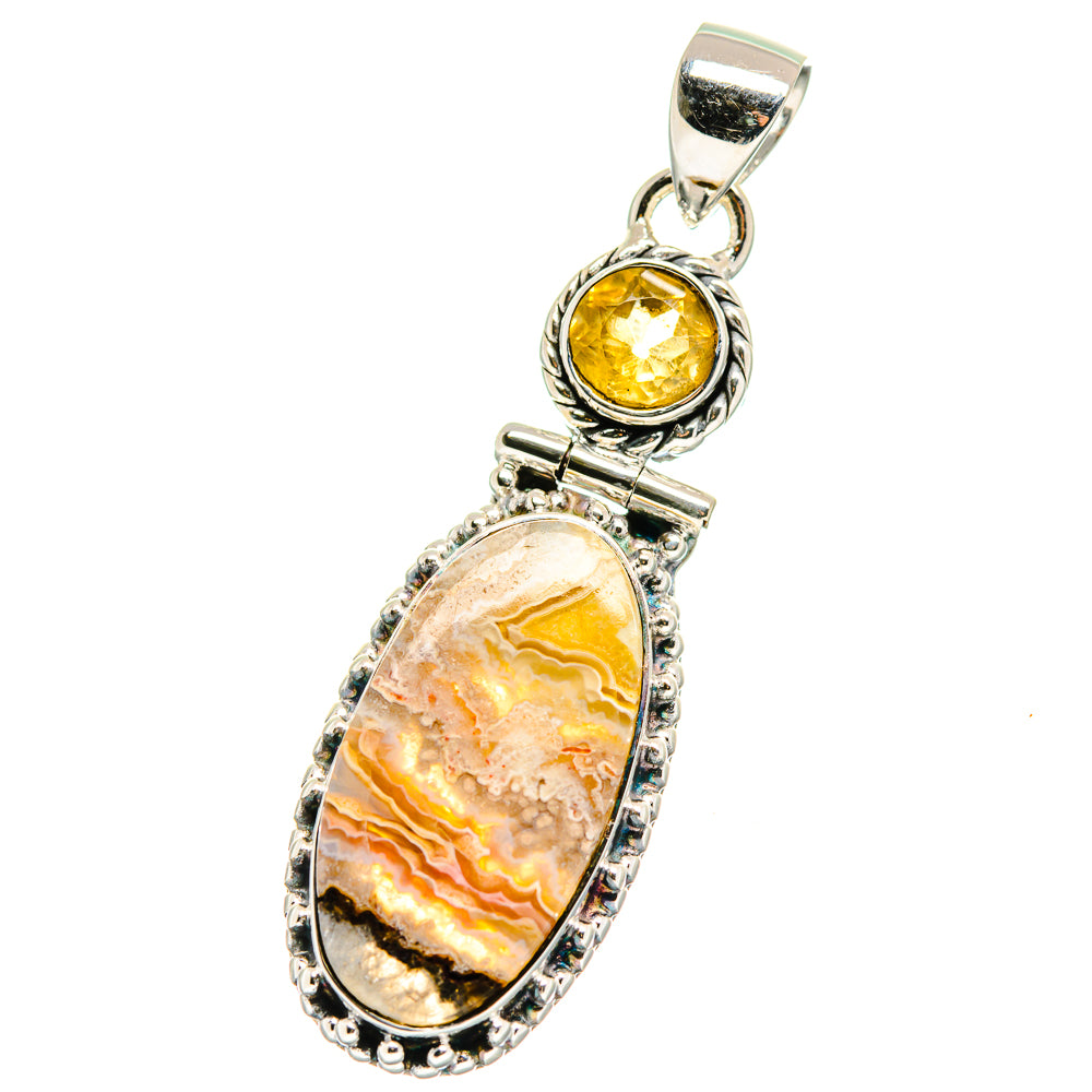 Sterling silver pendant with oval citrine and lace agate stones, bezel settings.