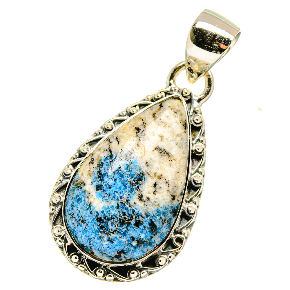 Blue azurite teardrop pendant on silver bail with engraved border details, 925