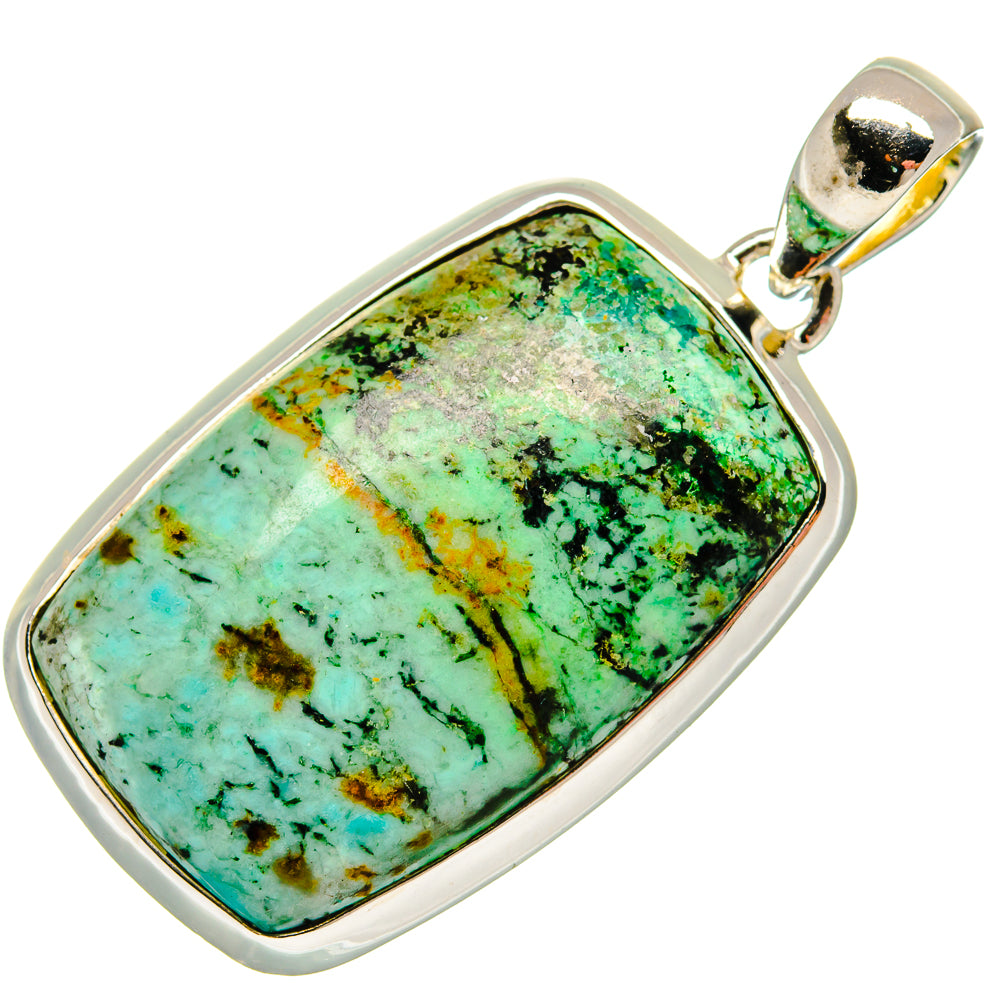 Turquoise pendant with 925 silver frame and bail, rounded rectangle with green-blue speckle
