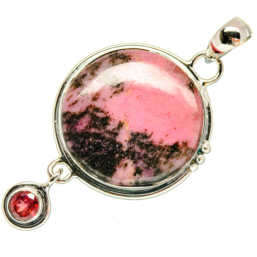 Sterling silver rhodonite pendant, oval pink stone with red round garnet accent