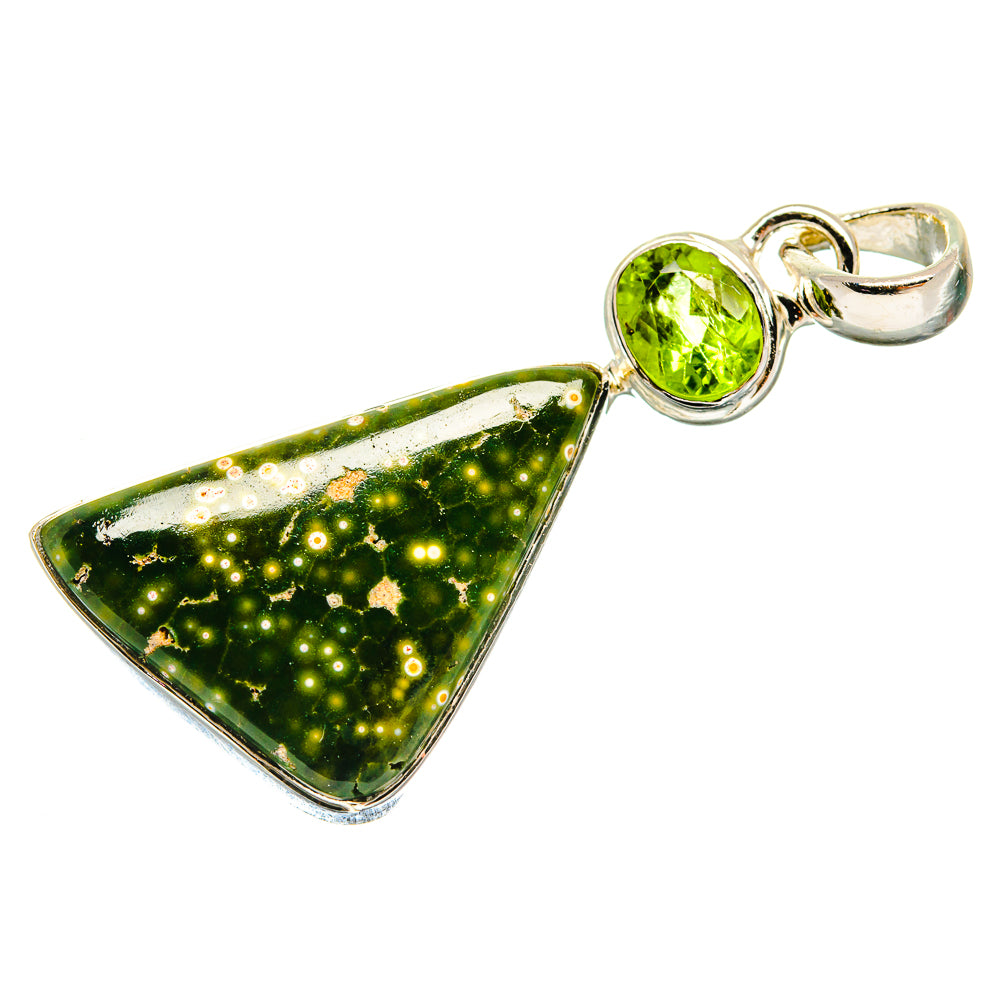 Triangular ocean jasper and round peridot pendant on 925 sterling silver bail