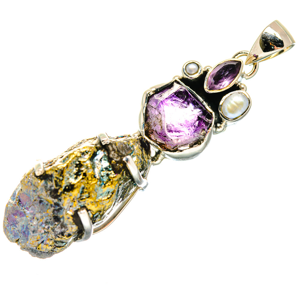 Sterling silver pendant with purple amethyst druzy and two white cultured pearls