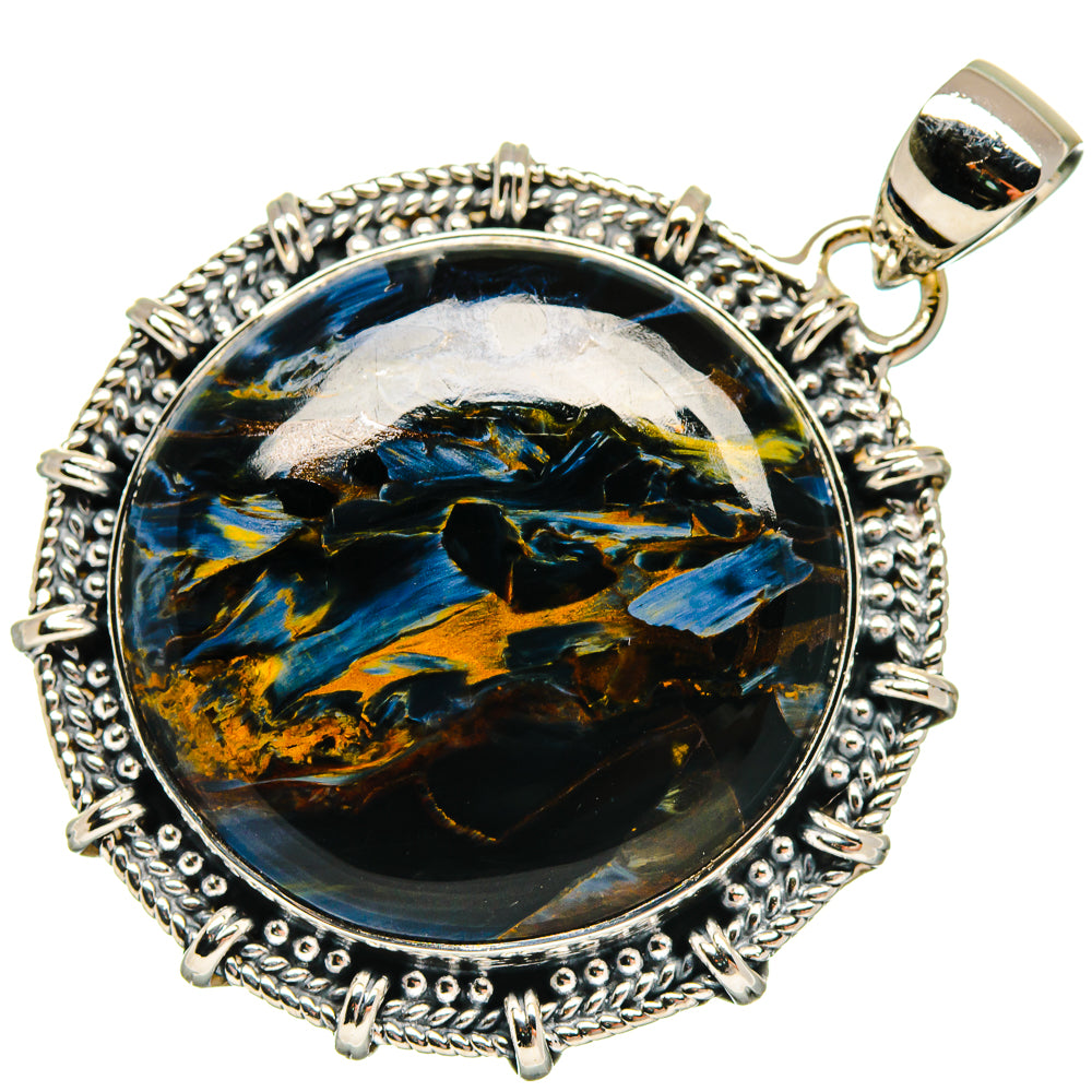 Round pietersite gemstone pendant in polished 925 sterling silver bezel, with loop bail.