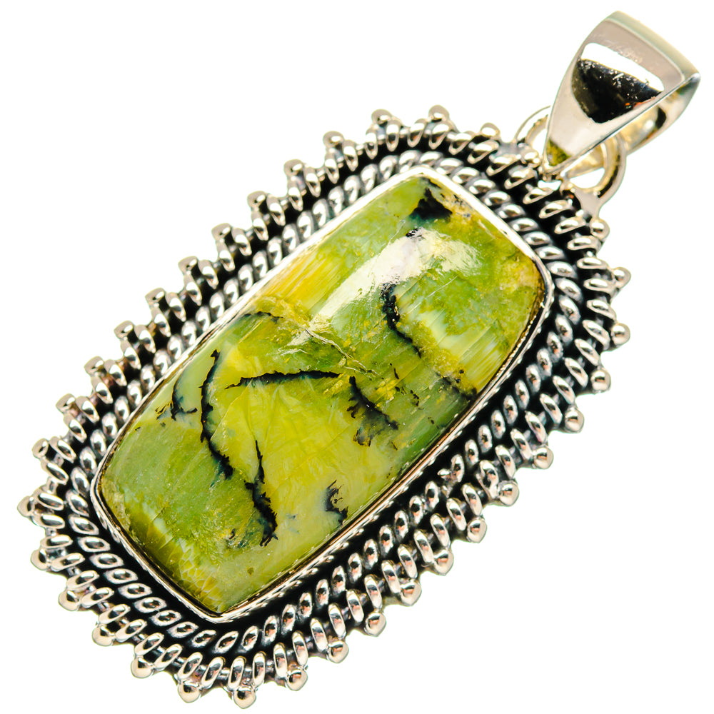 Green opal pendant with rectangular silver bezel and textured rope border, bail at top.
