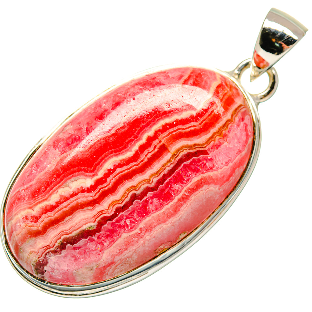 Oval rhodochrosite stone pendant with bright pink/red wavy bands and silver bail