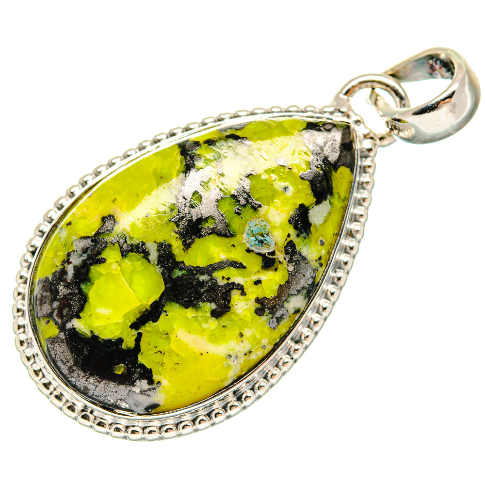 Teardrop green/yellow opal pendant, 925 sterling silver bail and detailed bezel setting