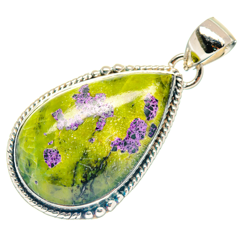 925 sterling silver pendant with teardrop green stone and purple druzy, bail loop