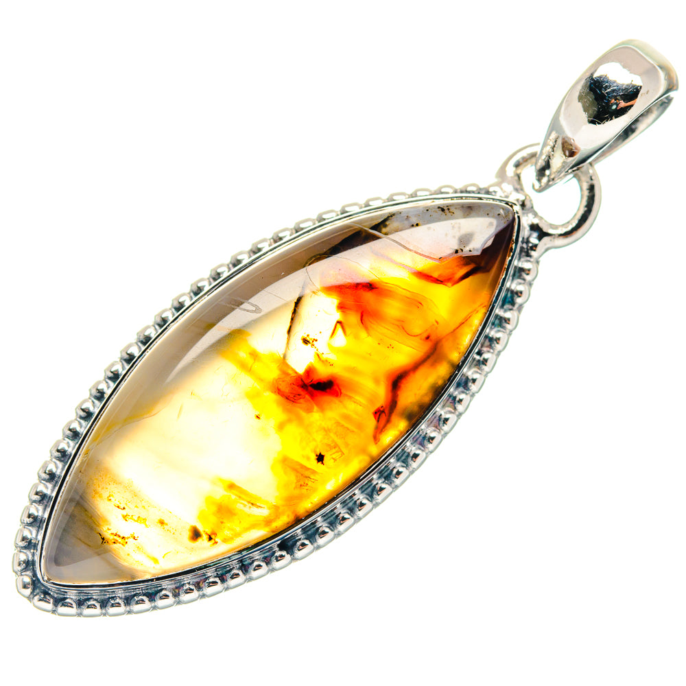 Teardrop amber agate pendant in sterling silver with beaded edge and loop bail.