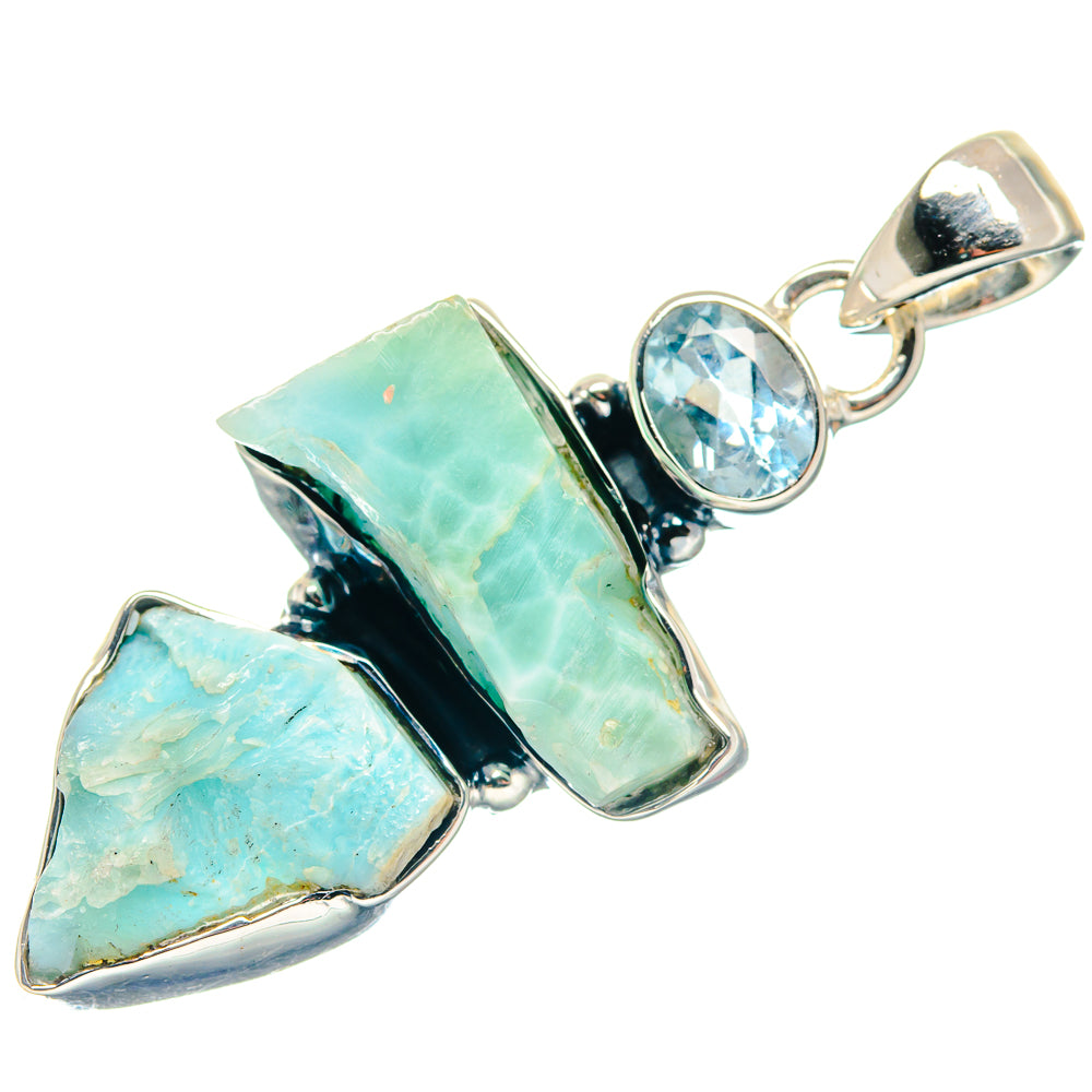 Larimar and blue topaz pendant in 925 sterling silver with three stone drops
