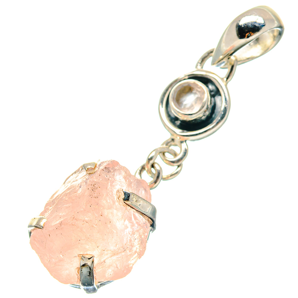 Rough pink rose quartz pendant in 925 sterling silver with round bezel and chain loop