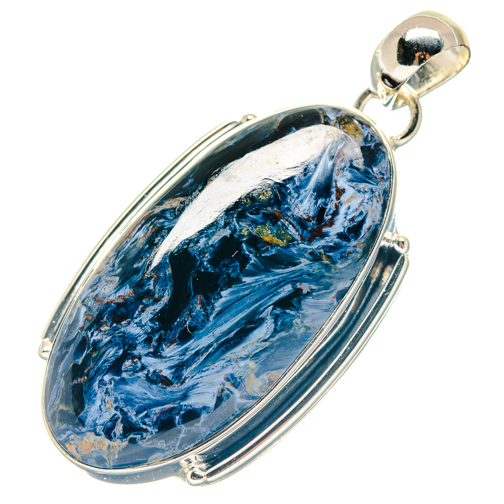 Sterling silver pietersite pendant, oval blue stone with hinged-style bail