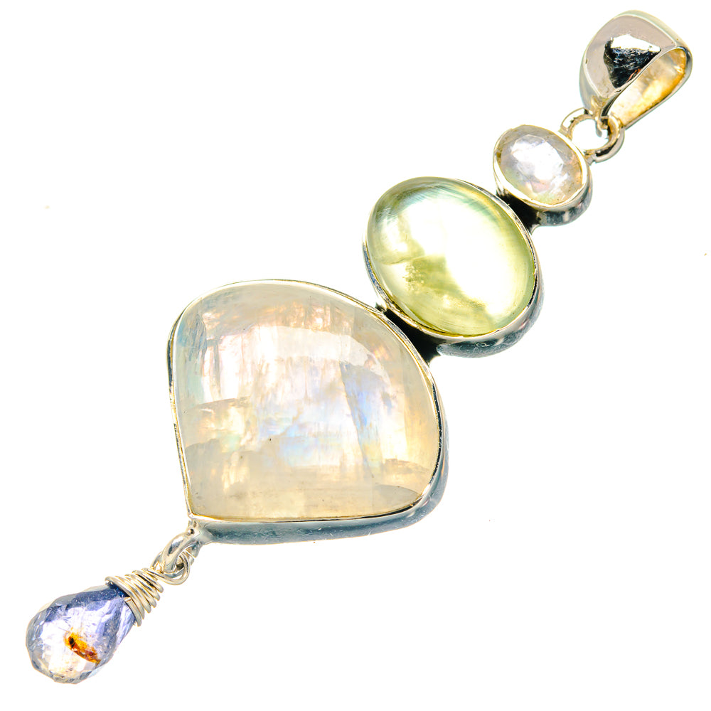 Sterling silver multi-gem heart pendant with opalescent center and yellow-green stone