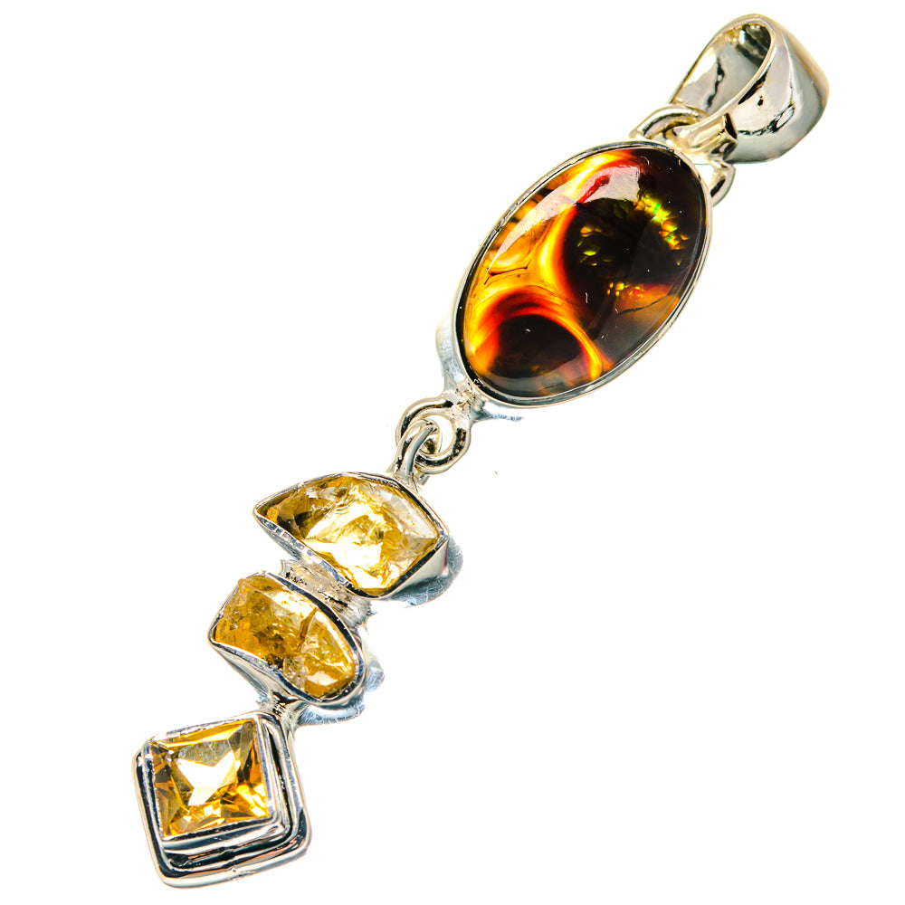 Sterling silver pendant with oval amber agate and three citrine square stones